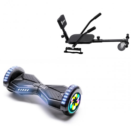 Elektromos Hoverboard csomag Komfortos Üléssel, 8 colos, Transformers Carbon PRO, Nagy Hatótávolság, Fekete Szivacsos ülés, Smart Balance