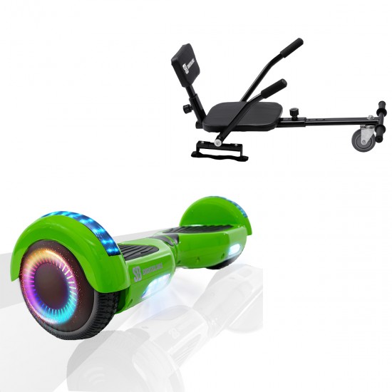 Elektromos Hoverboard csomag Komfortos Üléssel, 6.5 colos, Regular Green PRO, Standard Hatótávolság, Fekete Szivacsos ülés, Smart Balance