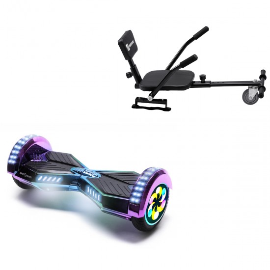 Elektromos Hoverboard csomag Komfortos Üléssel, 8 colos, Transformers Dakota PRO LED, Nagy Hatótávolság, Fekete Szivacsos ülés, Smart Balance