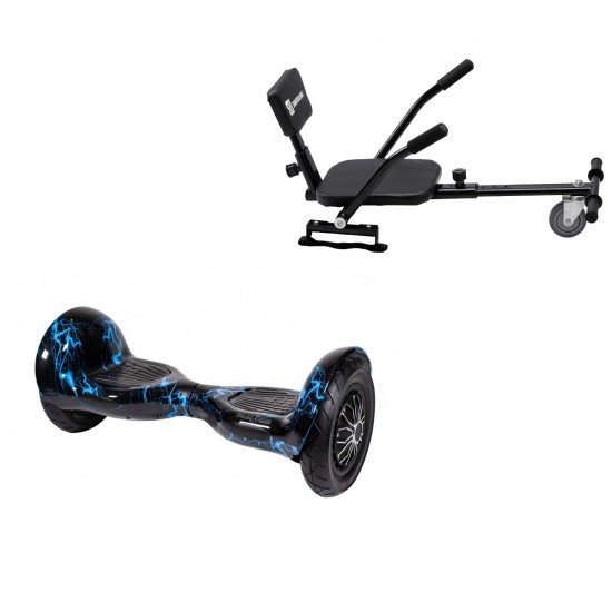 Elektromos Hoverboard csomag Komfortos Üléssel, 10 colos, Off-Road Thunderstorm Blue, Standard Hatótávolság, Fekete Szivacsos ülés, Smart Balance