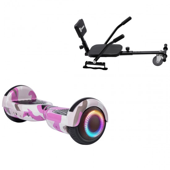 Elektromos Hoverboard csomag Komfortos Üléssel, 6.5 colos, Regular Camouflage Pink PRO, Nagy Hatótávolság, Fekete Szivacsos ülés, Smart Balance