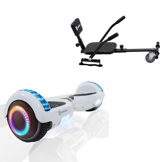 Elektromos Hoverboard csomag Komfortos Üléssel, 6.5 colos, Regular White Pearl PRO, Standard Hatótávolság, Fekete Szivacsos ülés, Smart Balance