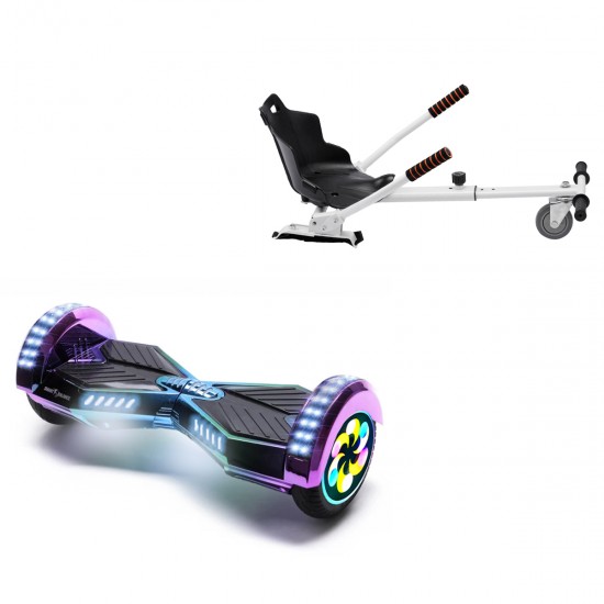 Elektromos Hoverboard Standard GoKart Szett, 8 colos, Transformers Dakota PRO LED, Nagy Hatótávolság, és Fehér Hoverkart, Smart Balance