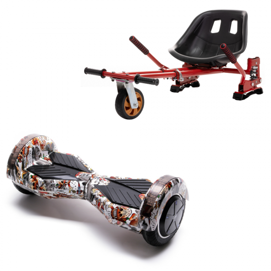 Transformers Tattoo Hoverboard Szett Piros Dupla Felfüggesztésű HoverKart Üléssel - 6.5” Kerekek, Bluetooth Hangszórók, LED Fények, Önegyensúlyozás, 15km hatótávolság, 700W teljesítmény, 4Ah Samsung cellás akkumulátor, Smart Balance