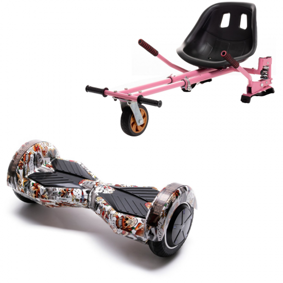 Transformers Tattoo Hoverboard Szett Rózsaszín Dupla Felfüggesztésű HoverKart Üléssel - 6.5” Kerekek, Bluetooth Hangszórók, LED Fények, Önegyensúlyozás, 15km hatótávolság, 700W teljesítmény, 4Ah Samsung cellás akkumulátor, Smart Balance