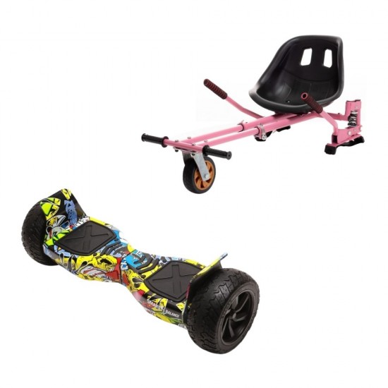 Hummer HipHop All-Terrain Hoverboard Szett Rózsaszín Dupla Felfüggesztésű HoverKart Üléssel – 8.5” Kerekek, Bluetooth Hangszórók, LED Fények, Önegyensúlyozás, 15km hatótávolság, 700W teljesítmény, 4Ah Samsung cellás akkumulátor, Smart Balance