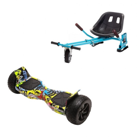 Hummer HipHop All-Terrain Hoverboard Szett Kék Dupla Felfüggesztésű HoverKart Üléssel – 8.5” Kerekek, Bluetooth Hangszórók, LED Fények, Önegyensúlyozás, 15km hatótávolság, 700W teljesítmény, 4Ah Samsung cellás akkumulátor, Smart Balance