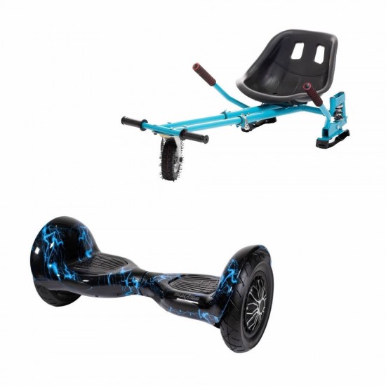 OffRoad Thunderstorm Hoverboard Szett Kék Dupla Felfüggesztésű HoverKart Üléssel - 10” Kerekek, Bluetooth Hangszórók, LED Fények, Önegyensúlyozás, 15km hatótávolság, 700W teljesítmény, 4Ah Samsung cellás akkumulátor, Smart Balance