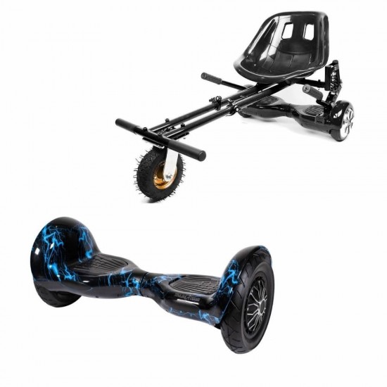 Elektromos Hoverboard GoKart Szett Lengéscsillapítókkal, 10 colos, Off-Road Thunderstorm Blue, Standard Hatótávolság, Fekete HoverKart Lengéscsillapítókkal, Smart Balance