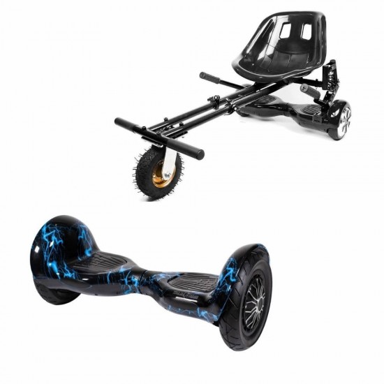 Elektromos Hoverboard GoKart Szett Lengéscsillapítókkal, 10 colos, Off-Road Thunderstorm Blue, Nagy Hatótávolság, Fekete HoverKart Lengéscsillapítókkal, Smart Balance