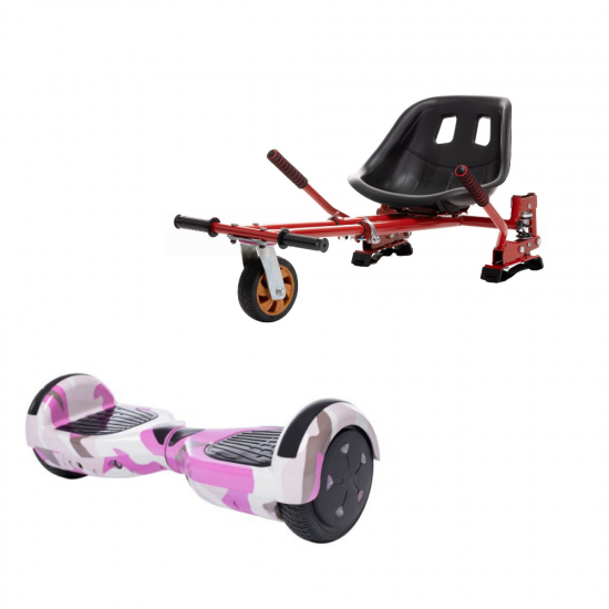 Regular Camouflage Pink Hoverboard Szett Piros Dupla Felfüggesztésű HoverKart Üléssel - 6.5” Kerekek, Bluetooth Hangszórók, LED Fények, Önegyensúlyozás, 15km hatótávolság, 700W teljesítmény, 4Ah Samsung cellás akkumulátor, Smart Balance