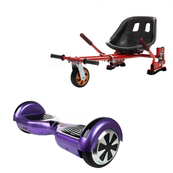 Regular Purple Hoverboard Szett Piros Dupla Felfüggesztésű HoverKart Üléssel - 6.5” Kerekek, Bluetooth Hangszórók, LED Fények, Önegyensúlyozás, 15km hatótávolság, 700W teljesítmény, 4Ah Samsung cellás akkumulátor, Smart Balance
