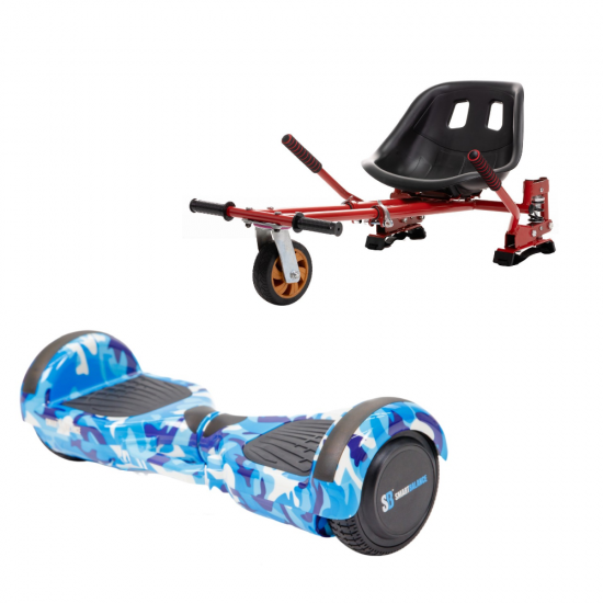 Regular Camouflage Blue fogantyúval Hoverboard Szett Piros Dupla Felfüggesztésű HoverKart Üléssel - 6.5” Kerekek, Bluetooth Hangszórók, LED Fények, Önegyensúlyozás, 15km hatótávolság, 700W teljesítmény, 4Ah Samsung cellás akkumulátor, Smart Balance