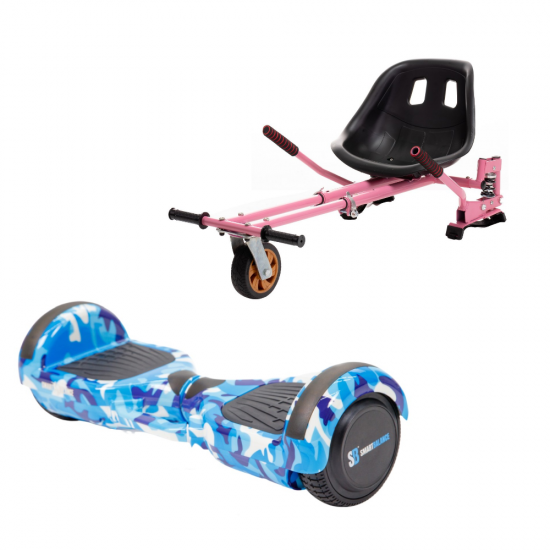 Regular Camouflage Blue fogantyúval Hoverboard Szett Rózsaszín Dupla Felfüggesztésű HoverKart Üléssel - 6.5” Kerekek, Bluetooth Hangszórók, LED Fények, Önegyensúlyozás, 15km hatótávolság, 700W teljesítmény, 4Ah Samsung cellás akkumulátor, Smart Balance 1