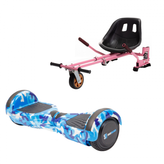 Regular Camouflage Blue fogantyúval Hoverboard Szett Rózsaszín Dupla Felfüggesztésű HoverKart Üléssel - 6.5” Kerekek, Bluetooth Hangszórók, LED Fények, Önegyensúlyozás, 15km hatótávolság, 700W teljesítmény, 4Ah Samsung cellás akkumulátor, Smart Balance