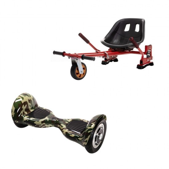 OffRoad Camouflage Hoverboard Szett Piros Dupla Felfüggesztésű HoverKart Üléssel - 10” Kerekek, Bluetooth Hangszórók, LED Fények, Önegyensúlyozás, 15km hatótávolság, 700W teljesítmény, 4Ah Samsung cellás akkumulátor, Smart Balance