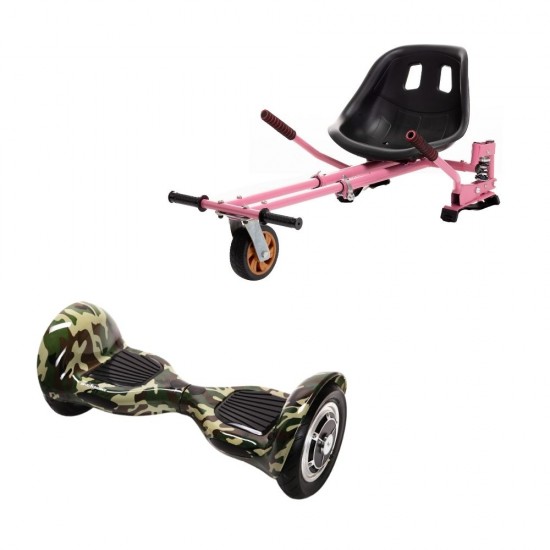 OffRoad Camouflage Hoverboard Szett Rózsaszín Dupla Felfüggesztésű HoverKart Üléssel - 10” Kerekek, Bluetooth Hangszórók, LED Fények, Önegyensúlyozás, 15km hatótávolság, 700W teljesítmény, 4Ah Samsung cellás akkumulátor, Smart Balance