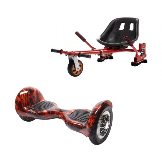 OffRoad Flame  Hoverboard Szett Piros Dupla Felfüggesztésű HoverKart Üléssel - 10” Kerekek, Bluetooth Hangszórók, LED Fények, Önegyensúlyozás, 15km hatótávolság, 700W teljesítmény, 4Ah Samsung cellás akkumulátor, Smart Balance