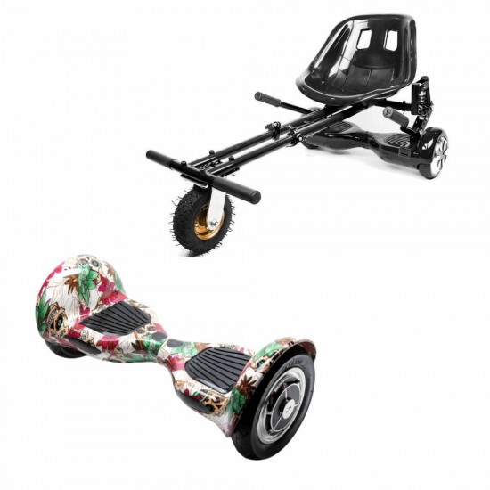 OffRoad SkullColor Hoverboard Szett Fekete Dupla Felfüggesztésű HoverKart Üléssel - 10” Kerekek, Bluetooth Hangszórók, LED Fények, Önegyensúlyozás, 15km hatótávolság, 700W teljesítmény, 4Ah Samsung cellás akkumulátor, Smart Balance