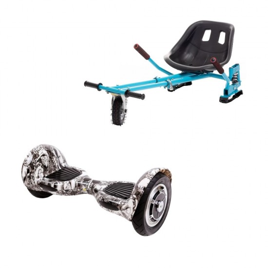 OffRoad SkullHead Hoverboard Szett Kék Dupla Felfüggesztésű HoverKart Üléssel - 10” Kerekek, Bluetooth Hangszórók, LED Fények, Önegyensúlyozás, 15km hatótávolság, 700W teljesítmény, 4Ah Samsung cellás akkumulátor, Smart Balance