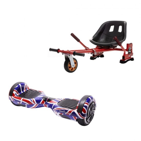 Regular England Hoverboard Szett Piros Dupla Felfüggesztésű HoverKart Üléssel - 6.5” Kerekek, Bluetooth Hangszórók, LED Fények, Önegyensúlyozás, 15km hatótávolság, 700W teljesítmény, 4Ah Samsung cellás akkumulátor, Smart Balance