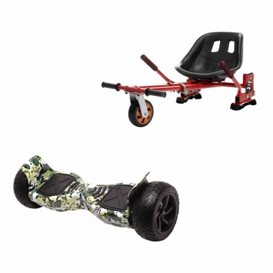 Hummer Camouflage All-Terrain Hoverboard Szett Piros Dupla Felfüggesztésű HoverKart Üléssel – 8.5” Kerekek, Bluetooth Hangszórók, LED Fények, Önegyensúlyozás, 15km hatótávolság, 700W teljesítmény, 4Ah Samsung cellás akkumulátor, Smart Balance