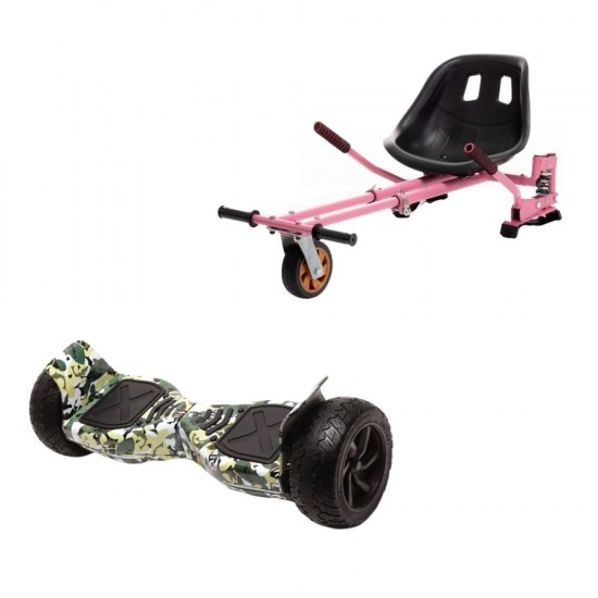 Hummer Camouflage All-Terrain Hoverboard Szett Rózsaszín Dupla Felfüggesztésű HoverKart Üléssel – 8.5” Kerekek, Bluetooth Hangszórók, LED Fények, Önegyensúlyozás, 15km hatótávolság, 700W teljesítmény, 4Ah Samsung cellás akkumulátor, Smart Balance