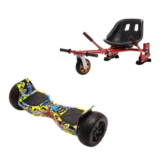 Hummer HipHop All-Terrain Hoverboard Szett Piros Dupla Felfüggesztésű HoverKart Üléssel – 8.5” Kerekek, Bluetooth Hangszórók, LED Fények, Önegyensúlyozás, 15km hatótávolság, 700W teljesítmény, 4Ah Samsung cellás akkumulátor, Smart Balance