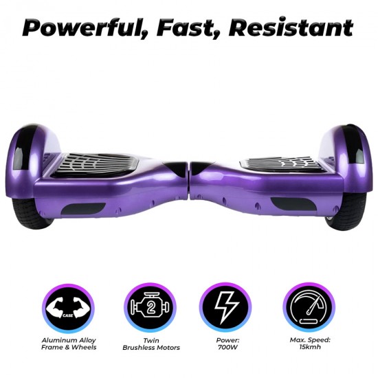 Regular Purple Hoverboard - 6.5” Kerekek, Bluetooth Hangszórók, LED Fények, Önegyensúlyozás, 15km hatótávolság, 700W teljesítmény, 4Ah Samsung cellás akkumulátor, Smart Balance 3