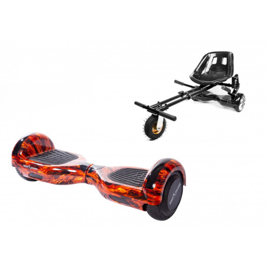 Regular Flame Hoverboard Szett Fekete Dupla Felfüggesztésű HoverKart Üléssel - 6.5” Kerekek, Bluetooth Hangszórók, LED Fények, Önegyensúlyozás, 15km hatótávolság, 700W teljesítmény, 4Ah Samsung cellás akkumulátor, Smart Balance