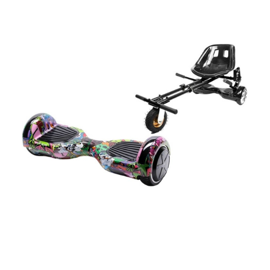 Regular Multicolor Hoverboard Szett Fekete Dupla Felfüggesztésű HoverKart Üléssel - 6.5” Kerekek, Bluetooth Hangszórók, LED Fények, Önegyensúlyozás, 15km hatótávolság, 700W teljesítmény, 4Ah Samsung cellás akkumulátor, Smart Balance