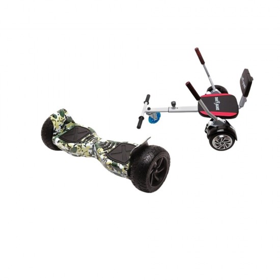 Hummer Camouflage All-Terrain Hoverboard Szett Komfortos HoverKart Üléssel – 8.5” Kerekek, Bluetooth Hangszórók, LED Fények, Önegyensúlyozás, 15km hatótávolság, 700W teljesítmény, 4Ah Samsung cellás akkumulátor, Smart Balance