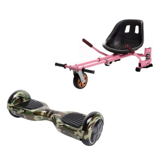 Regular Camouflage Green Hoverboard Szett Rózsaszín Dupla Felfüggesztésű HoverKart Üléssel - 6.5” Kerekek, Bluetooth Hangszórók, LED Fények, Önegyensúlyozás, 15km hatótávolság, 700W teljesítmény, 4Ah Samsung cellás akkumulátor, Smart Balance