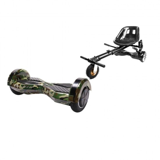 Transformers Camouflage  Hoverboard Szett Fekete Dupla Felfüggesztésű HoverKart Üléssel - 8” Kerekek, Bluetooth Hangszórók, LED Fények, Önegyensúlyozás, 15km hatótávolság, 700W teljesítmény, 4Ah Samsung cellás akkumulátor, Smart Balance