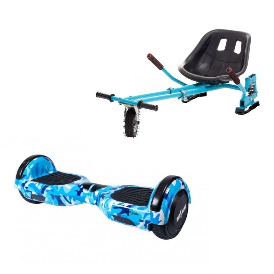 Regular Camouflage Blue Hoverboard Szett Kék Dupla Felfüggesztésű HoverKart Üléssel - 6.5” Kerekek, Bluetooth Hangszórók, LED Fények, Önegyensúlyozás, 15km hatótávolság, 700W teljesítmény, 4Ah Samsung cellás akkumulátor, Smart Balance