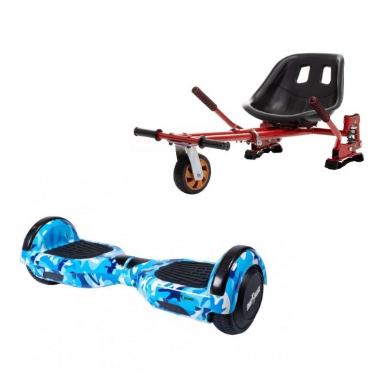 Regular Camouflage Blue Hoverboard Szett Piros Dupla Felfüggesztésű HoverKart Üléssel - 6.5” Kerekek, Bluetooth Hangszórók, LED Fények, Önegyensúlyozás, 15km hatótávolság, 700W teljesítmény, 4Ah Samsung cellás akkumulátor, Smart Balance