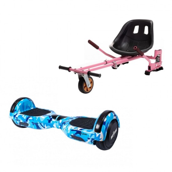 Regular Camouflage Blue Hoverboard Szett Rózsaszín Dupla Felfüggesztésű HoverKart Üléssel - 6.5” Kerekek, Bluetooth Hangszórók, LED Fények, Önegyensúlyozás, 15km hatótávolság, 700W teljesítmény, 4Ah Samsung cellás akkumulátor, Smart Balance