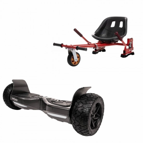 Hummer Carbon All-Terrain Hoverboard Szett Piros Dupla Felfüggesztésű HoverKart Üléssel – 8.5” Kerekek, Bluetooth Hangszórók, LED Fények, Önegyensúlyozás, 15km hatótávolság, 700W teljesítmény, 4Ah Samsung cellás akkumulátor, Smart Balance