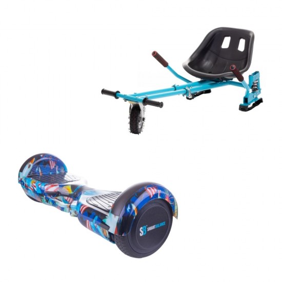 Regular America fogantyúval Hoverboard Szett Kék Dupla Felfüggesztésű HoverKart Üléssel - 6.5” Kerekek, Bluetooth Hangszórók, LED Fények, Önegyensúlyozás, 15km hatótávolság, 700W teljesítmény, 4Ah Samsung cellás akkumulátor, Smart Balance 1