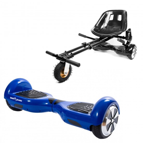 Elektromos Hoverboard GoKart Szett Lengéscsillapítókkal, 6.5 colos, Regular Blue PowerBoard Junior, Standard Hatótávolság, Fekete HoverKart Lengéscsillapítókkal, Smart Balance
