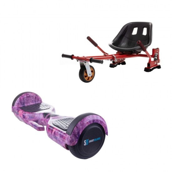 Regular Galaxy pink fogantyúval Hoverboard Szett Piros Dupla Felfüggesztésű HoverKart Üléssel - 6.5” Kerekek, Bluetooth Hangszórók, LED Fények, Önegyensúlyozás, 15km hatótávolság, 700W teljesítmény, 4Ah Samsung cellás akkumulátor, Smart Balance