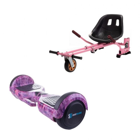 Regular Galaxy pink fogantyúval Hoverboard Szett Rózsaszín Dupla Felfüggesztésű HoverKart Üléssel - 6.5” Kerekek, Bluetooth Hangszórók, LED Fények, Önegyensúlyozás, 15km hatótávolság, 700W teljesítmény, 4Ah Samsung cellás akkumulátor, Smart Balance