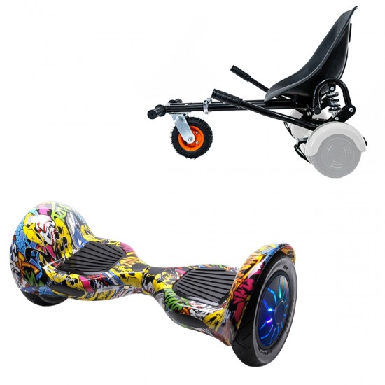 Elektromos Hoverboard GoKart Szett Lengéscsillapítókkal, 10 colos, Off-Road HipHop PRO, Nagy Hatótávolság, Fekete HoverKart Lengéscsillapítókkal, Smart Balance