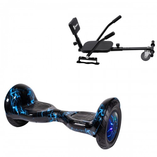Elektromos Hoverboard csomag Komfortos Üléssel, 10 colos, Off-Road Thunderstorm Blue PRO, Standard Hatótávolság, Fekete Szivacsos ülés, Smart Balance