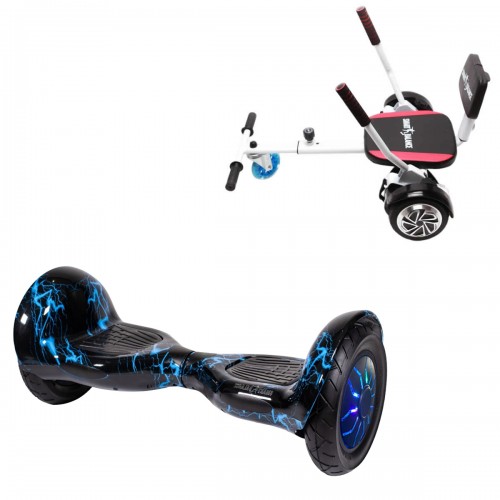 Elektromos Hoverboard csomag Komfortos Üléssel, 10 colos, Off-Road Thunderstorm Blue PRO, Standard Hatótávolság, Fehér Szivacsos ülés, Smart Balance