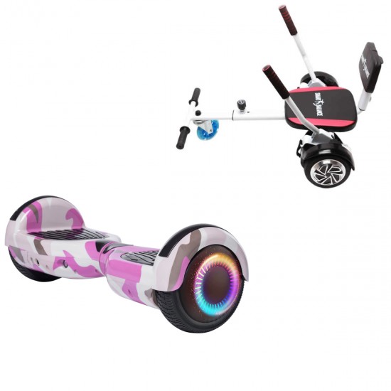Elektromos Hoverboard csomag Komfortos Üléssel, 6.5 colos, Regular Camouflage Pink PRO, Standard Hatótávolság, Fehér Szivacsos ülés, Smart Balance