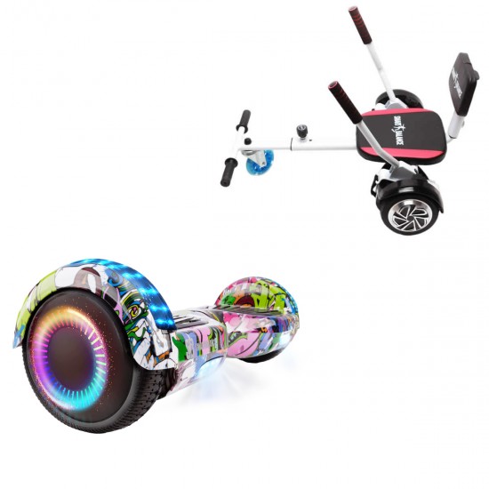 Elektromos Hoverboard csomag Komfortos Üléssel, 6.5 colos, Regular Multicolor PRO, Standard Hatótávolság, Fehér Szivacsos ülés, Smart Balance