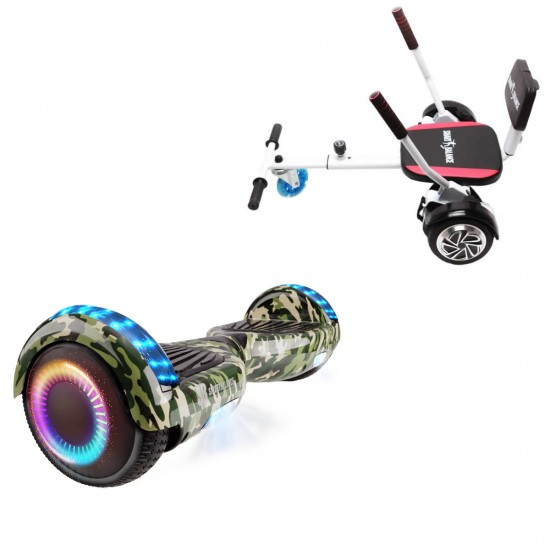 Elektromos Hoverboard csomag Komfortos Üléssel, 6.5 colos, Regular Camouflage PRO, Nagy Hatótávolság, Fehér Szivacsos ülés, Smart Balance
