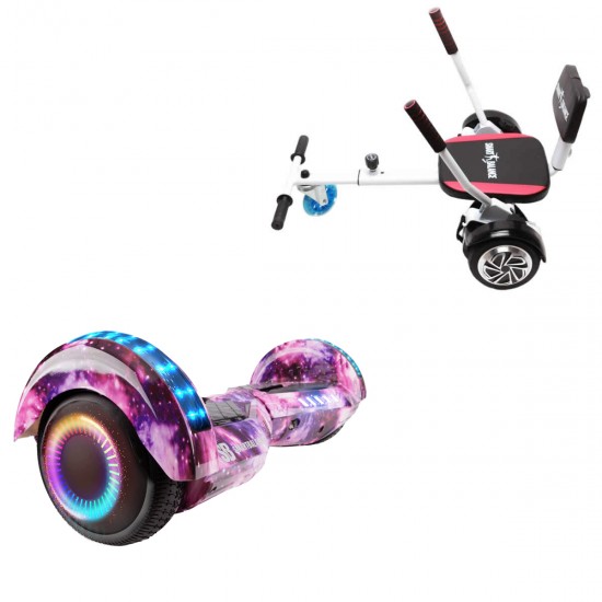 Elektromos Hoverboard csomag Komfortos Üléssel, 6.5 colos, Transformers Galaxy Pink PRO, Standard Hatótávolság, Fehér Szivacsos ülés, Smart Balance