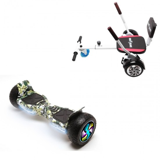 Elektromos Hoverboard csomag Komfortos Üléssel, 8.5 colos, Hummer Camouflage PRO, Nagy Hatótávolság, Fehér Szivacsos ülés, Smart Balance